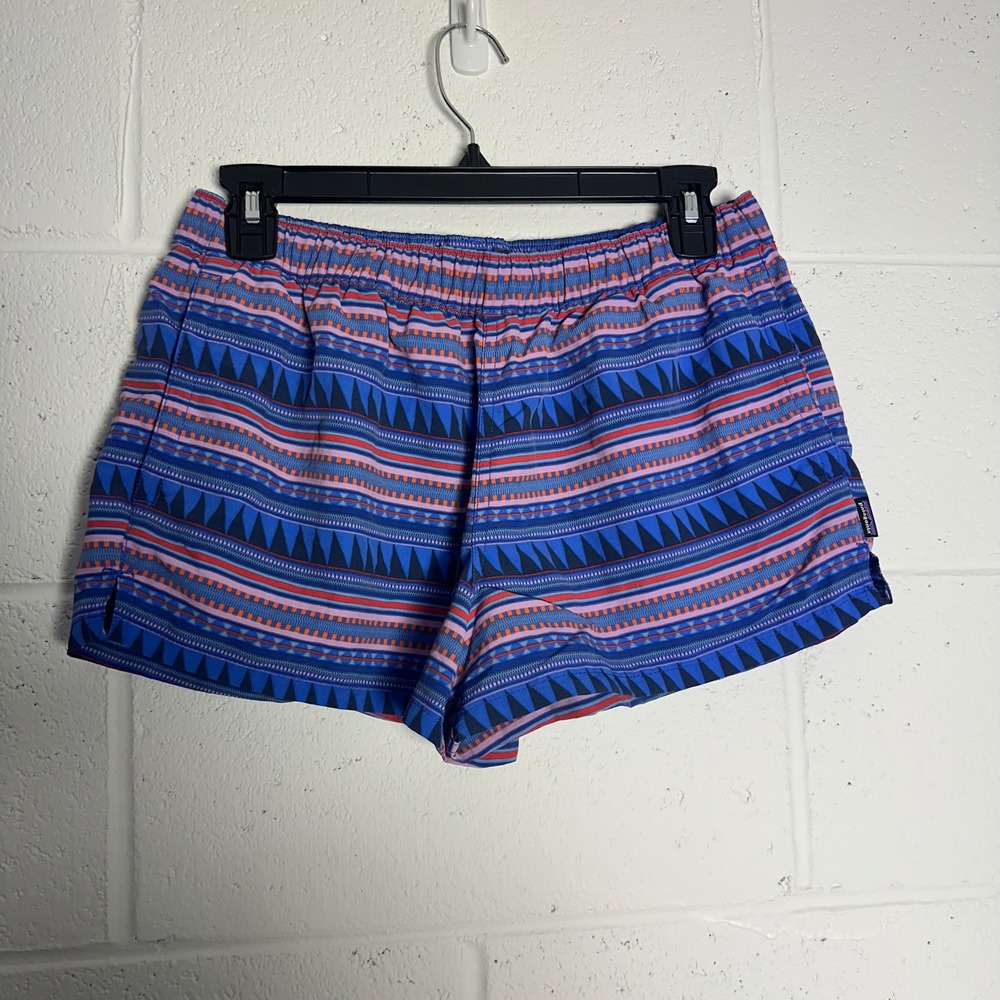 Patagonia Baggies Shorts Womens Medium Blue Pink Geometric Tribal Print Nylon